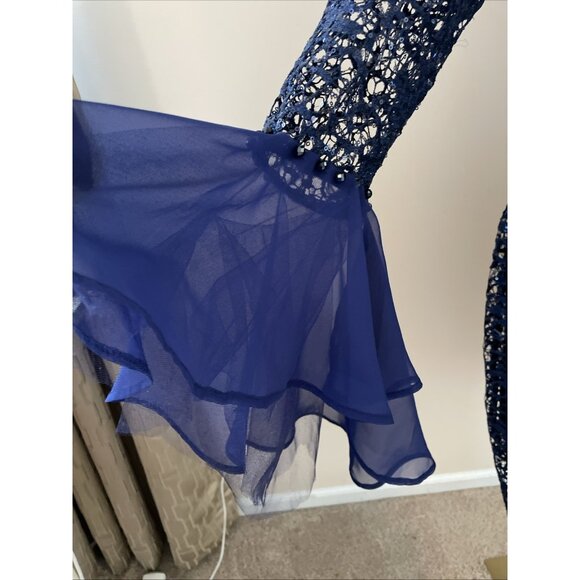 Alex Evenings Sheer Lace Sequin Dress w/ Slip Navy Bell Sleeves Fairy Whimsical - Picture 3 of 13